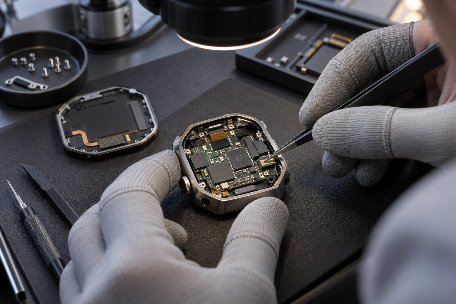 Detailed electronics assembly under precision task lighting