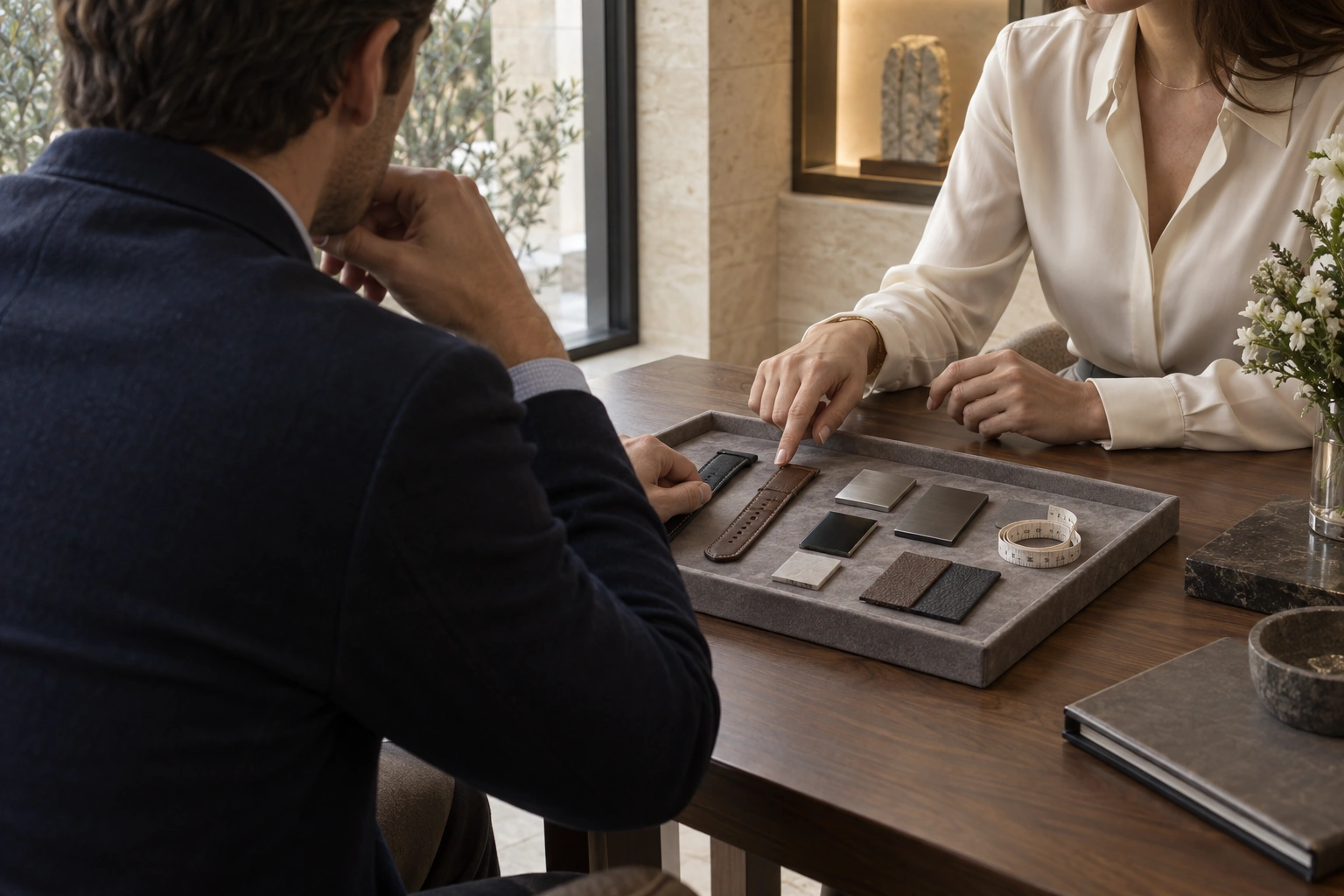 A quiet watch consultation setting with material samples
