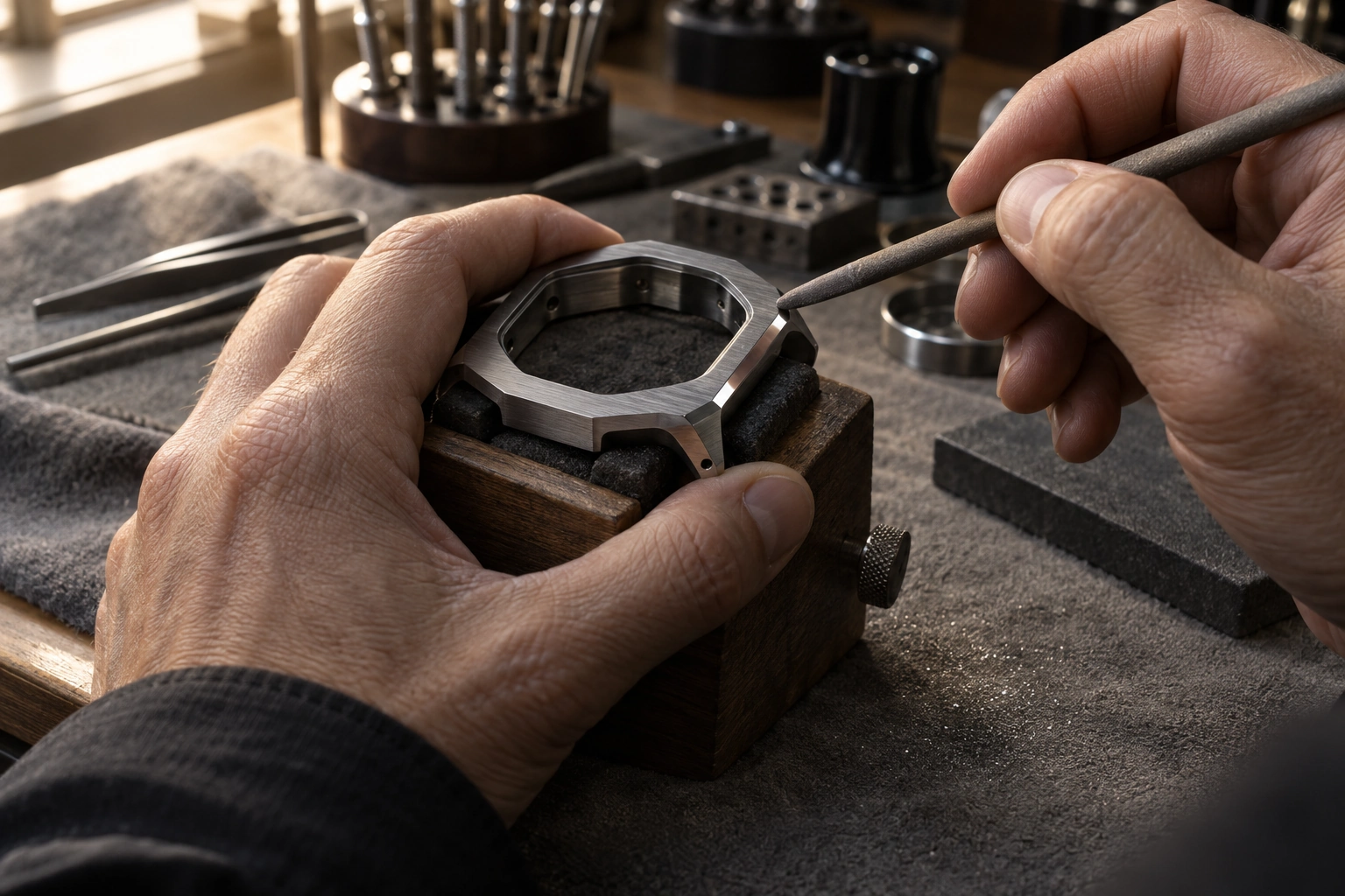 A craftsperson precisely finishing a metal component
