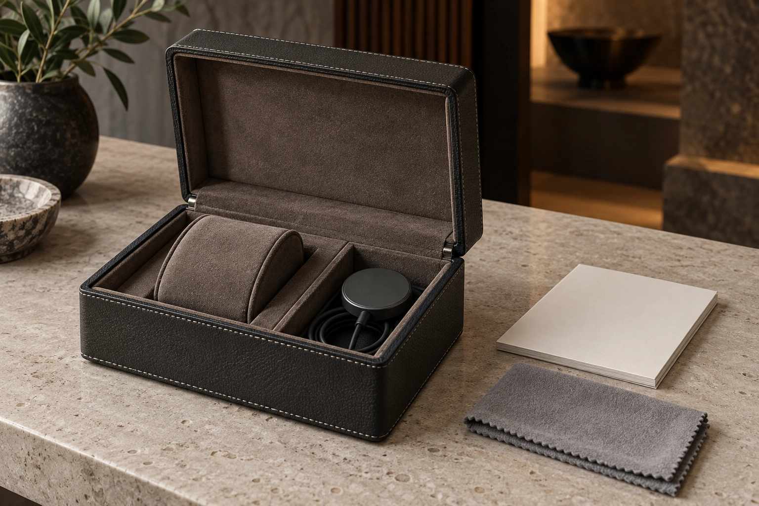 A refined presentation box and watch care materials