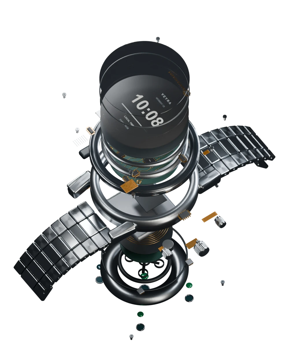 Exploded construction of the Meridian watch, shown as a still image.