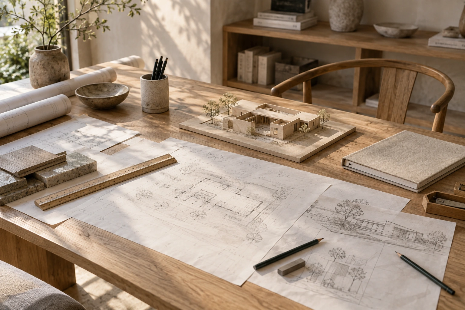 Architectural sketches and materials ready for a design conversation