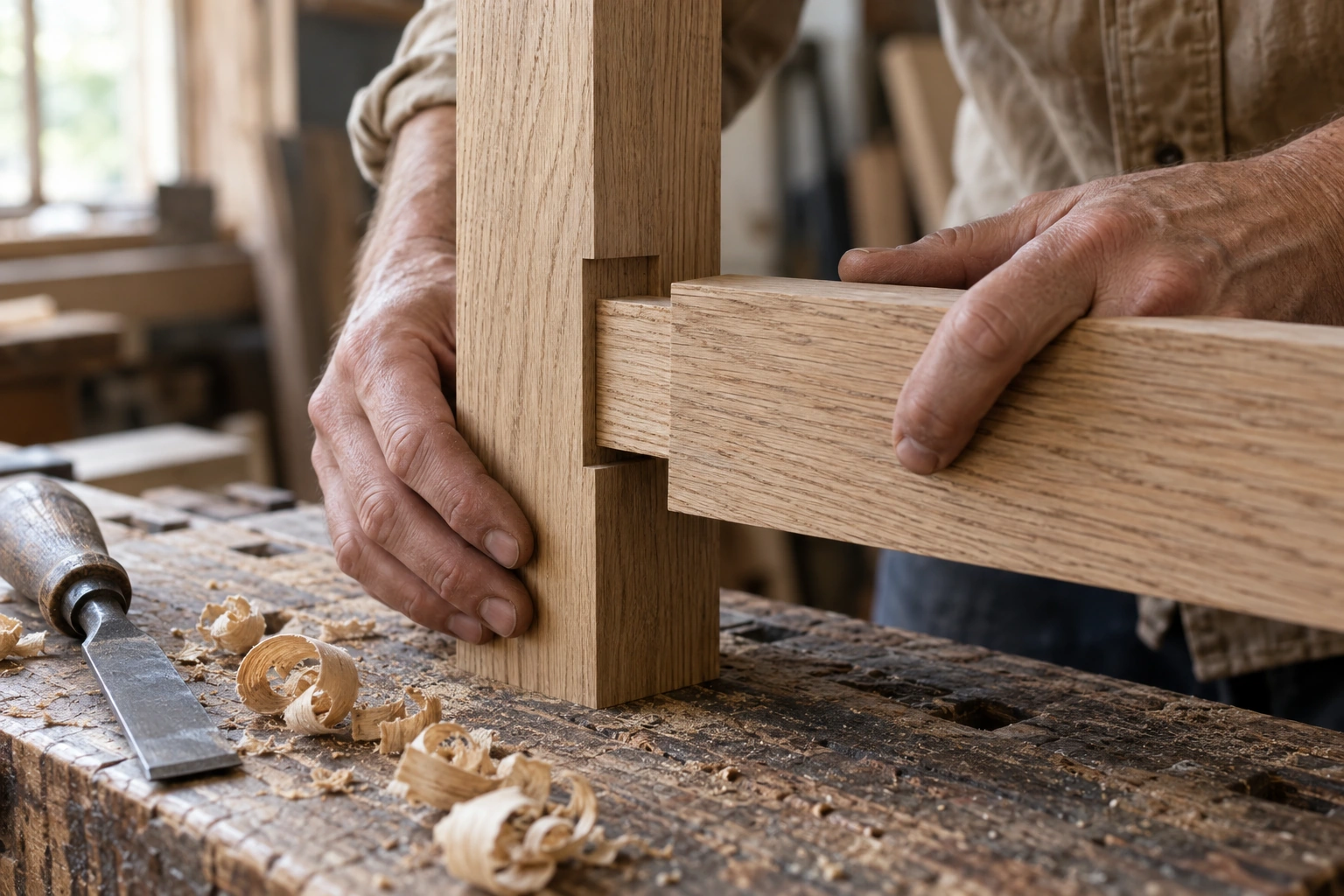 A close architectural detail of carefully joined oak timber