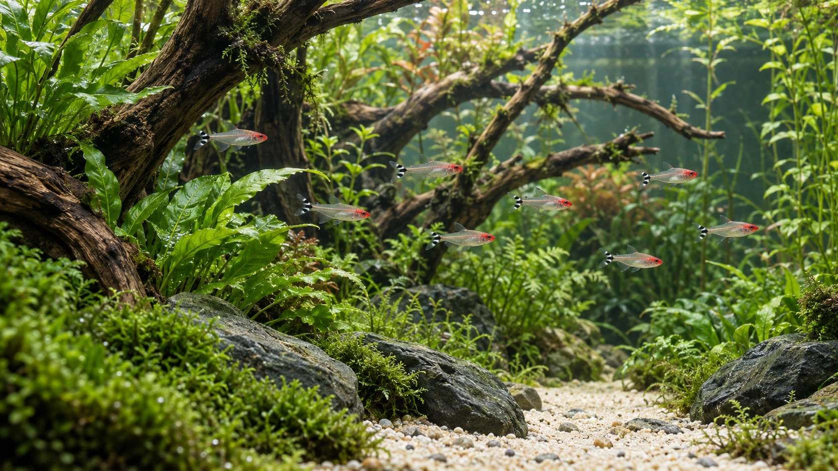 Fresh green planting, sculptural wood and small schooling fish. A softer landscape with a changing rhythm of growth.