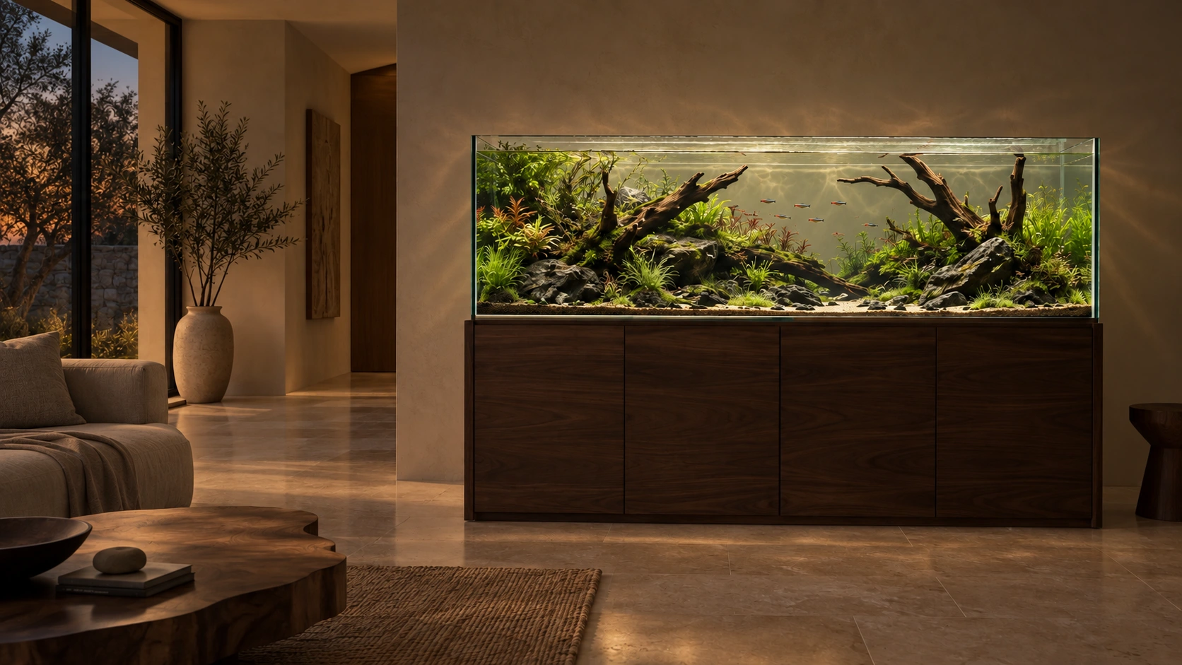 The same aquarium room in warm evening light