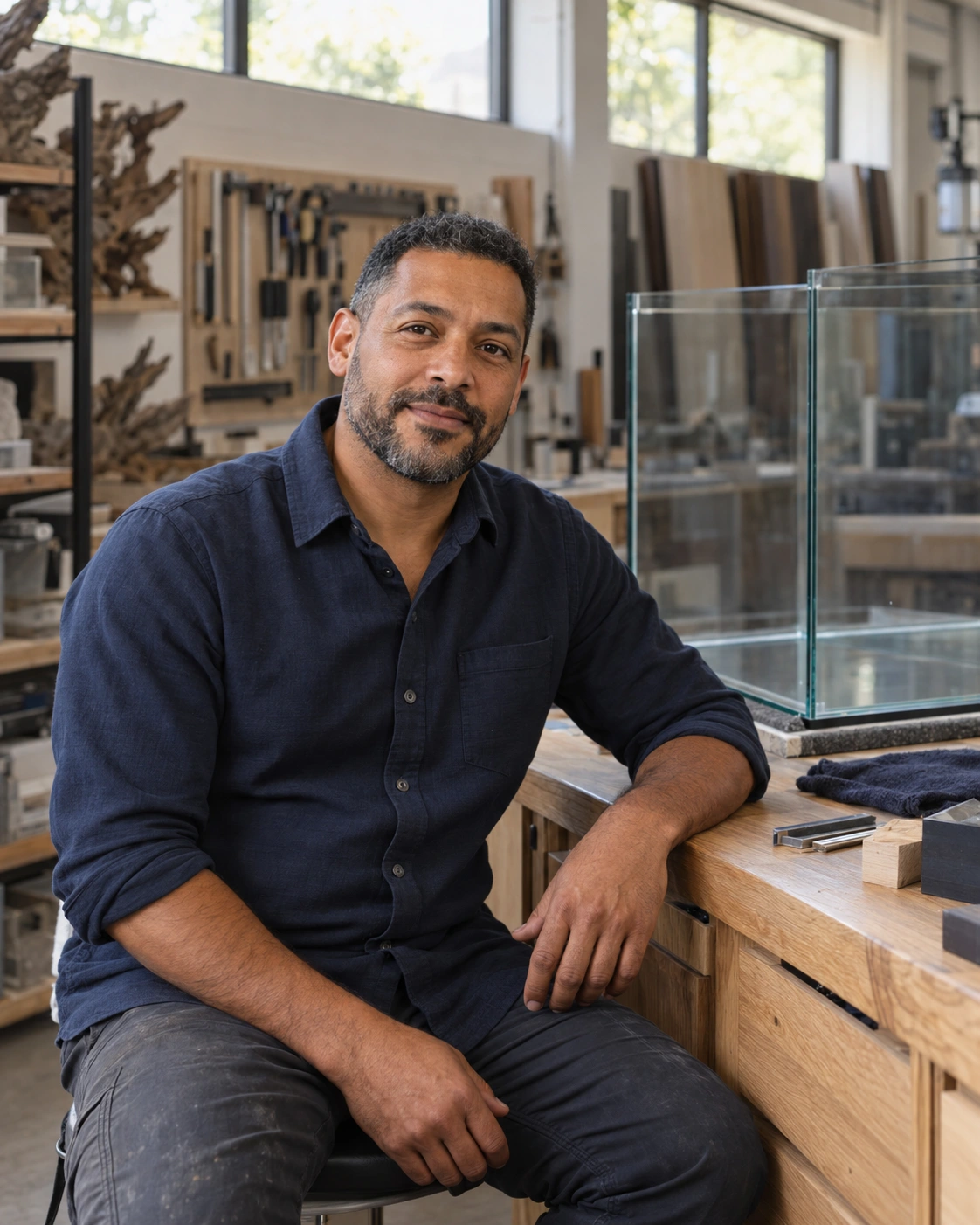 Fictional aquatic designer Jules Navarro in a workshop setting