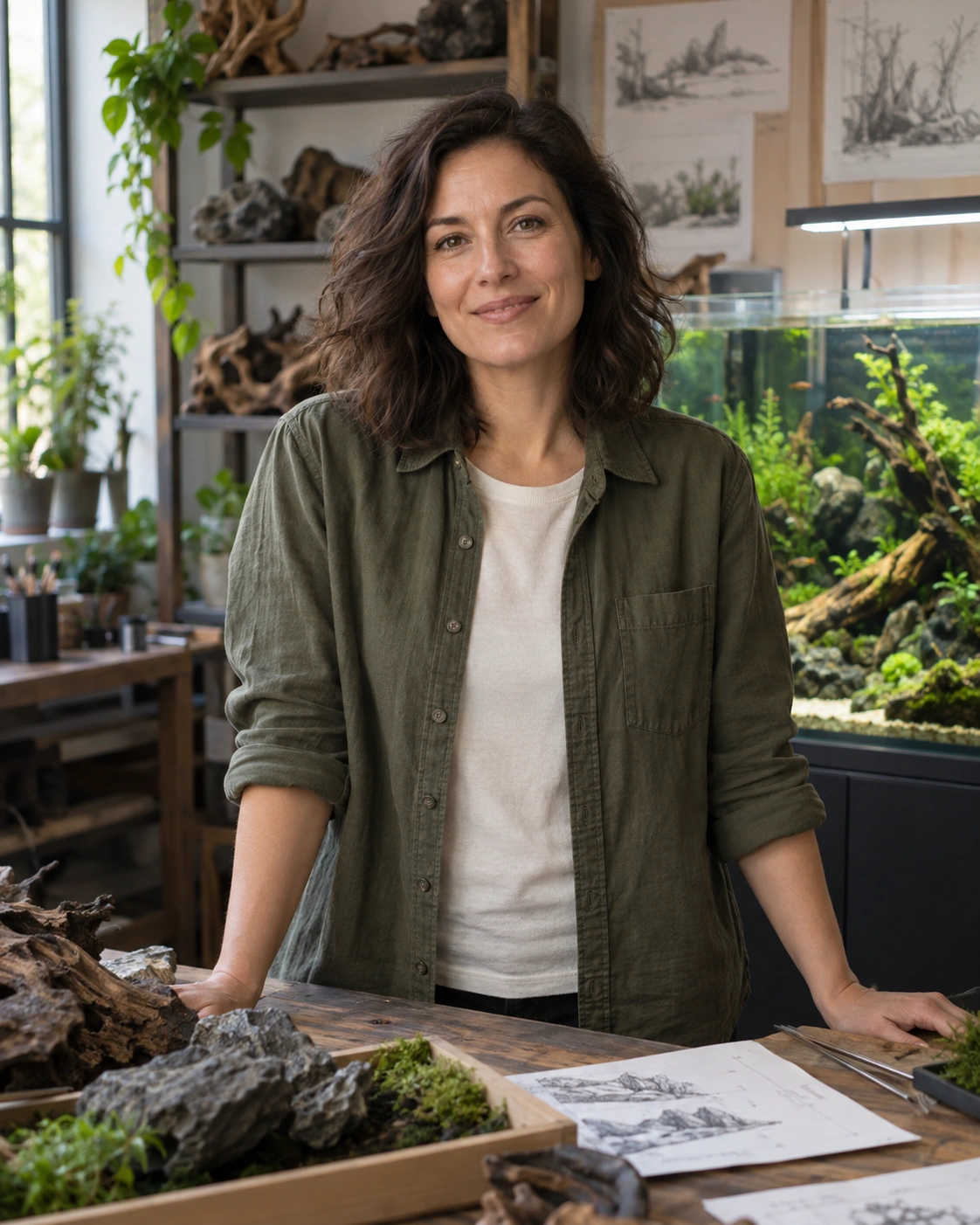 Fictional designer Mara Ellison in a natural studio setting