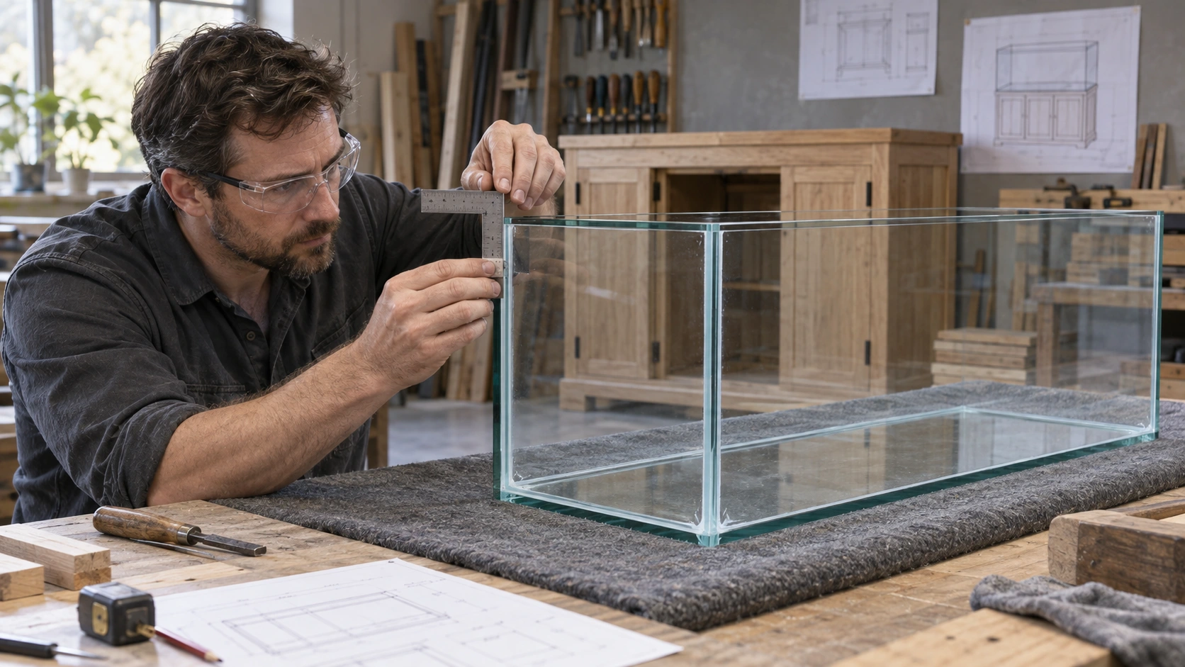 Aquarium joinery and equipment being considered in a workshop