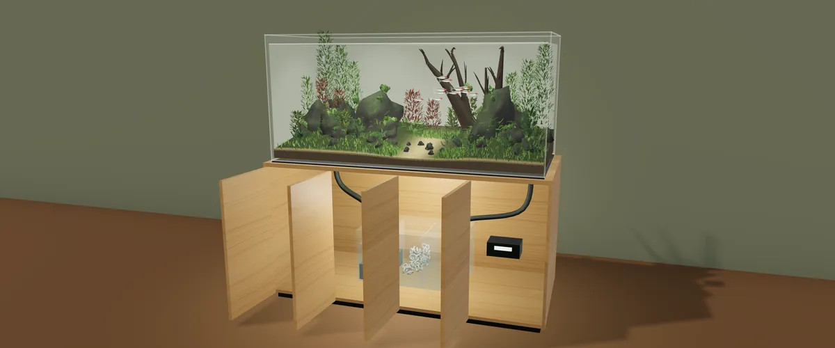 The aquarium with its cabinet doors open on the service space