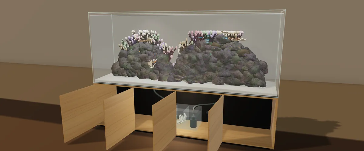The aquarium with its cabinet doors open on the service space