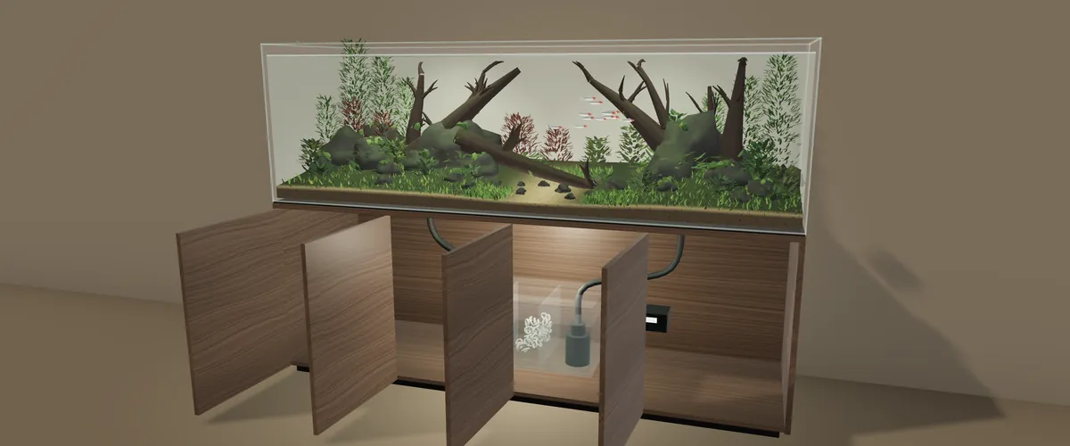 The aquarium with its cabinet doors open on the service space