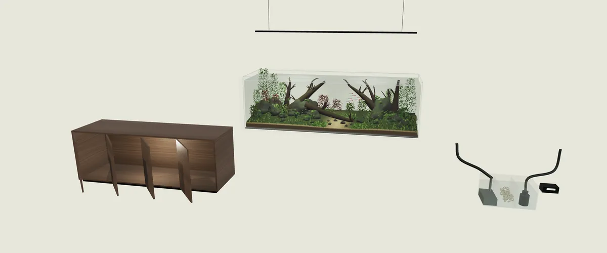 The aquarium separated into its cabinet, its glass and lighting, and its filtration