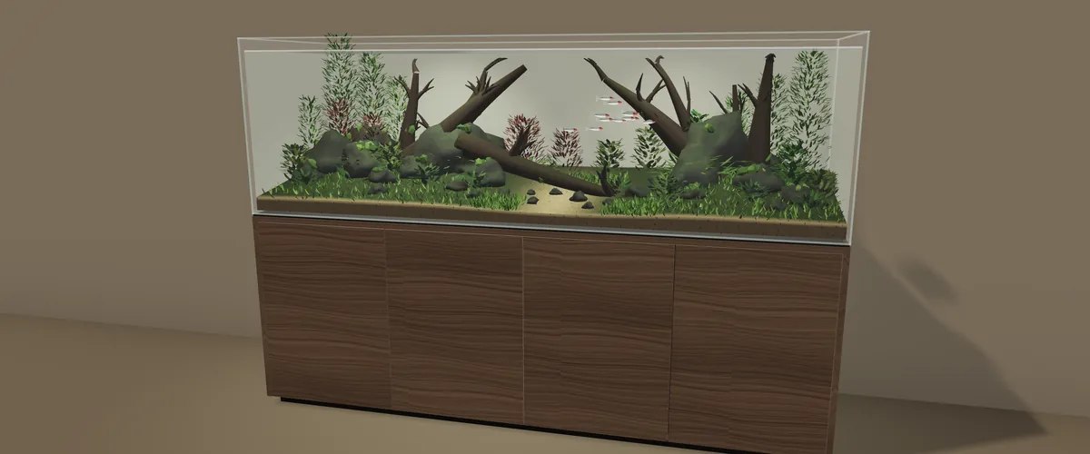 The aquarium filled, planted and home to a small school of fish