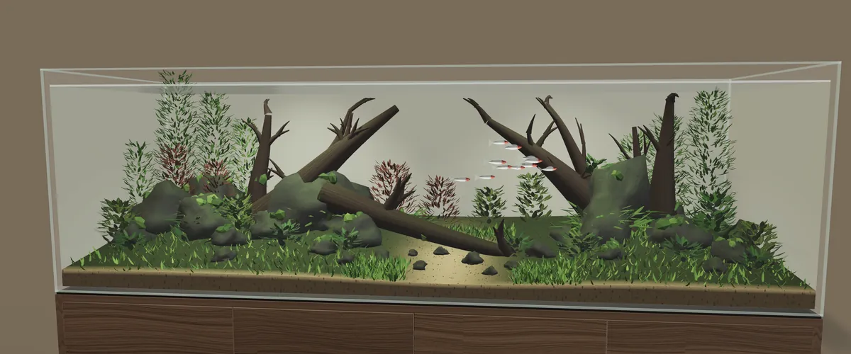 A planted freshwater landscape of driftwood, dark stone and layered planting
